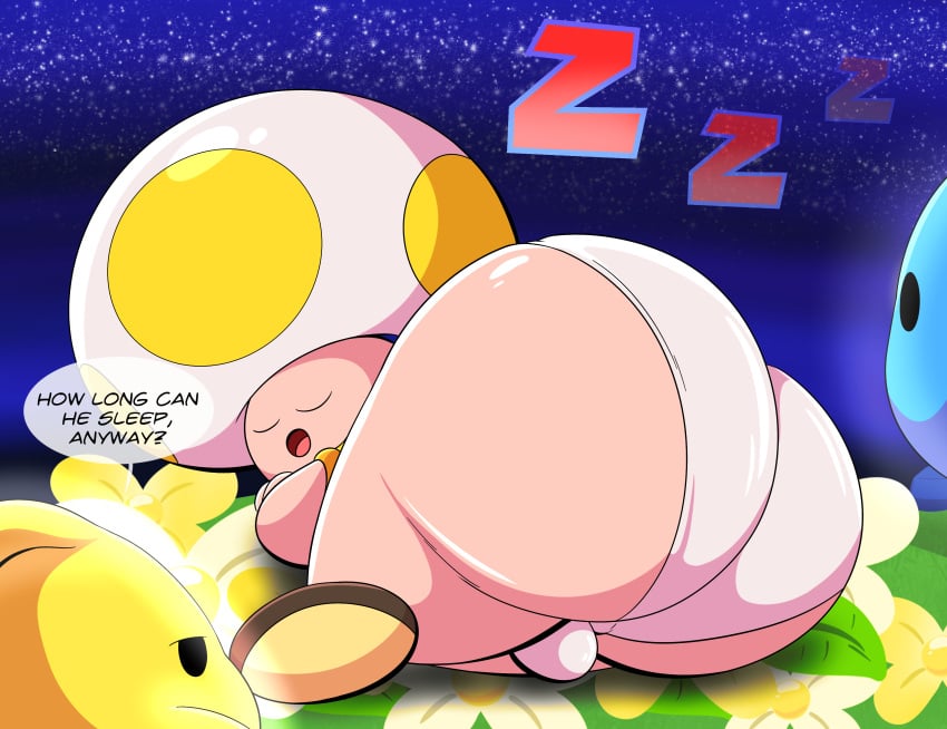 absurd_res anthro ass balls big_butt bulge clothing detailed_bulge dialogue elemental_creature elemental_humanoid flower fungi_fauna fungi_humanoid fungus grass group hi_res humanoid looking_at_another luma lying male male_only mario_(series) mushroom mushroom_humanoid nintendo on_front onomatopoeia plant sky sleeping sound_effects space star starry_sky super_mario_galaxy tepigfan101 text toad_(mario) trio underwear vowelless vowelless_sound_effect zzz