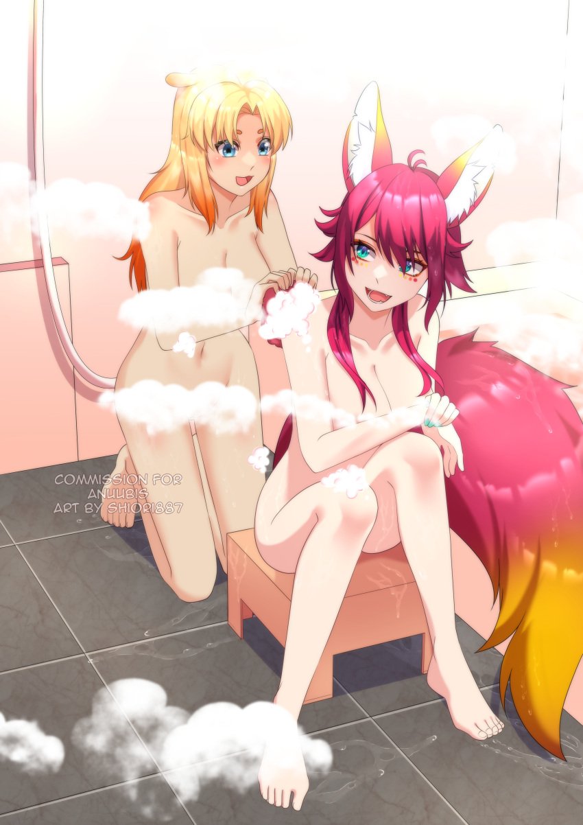 2girls barefoot bathhouse bathing bathroom bijoutheocto blue_eyes bubble casual_nudity censored completely_nude completely_nude_female convenient_censoring emberthefoxx feet female fox_ears fox_tail full_body kneeling legs long_hair multiple_girls nude open_mouth red_hair shiori887 sitting smile soap soap_censor stool tail toes washing_another watermark wet yellow_hair