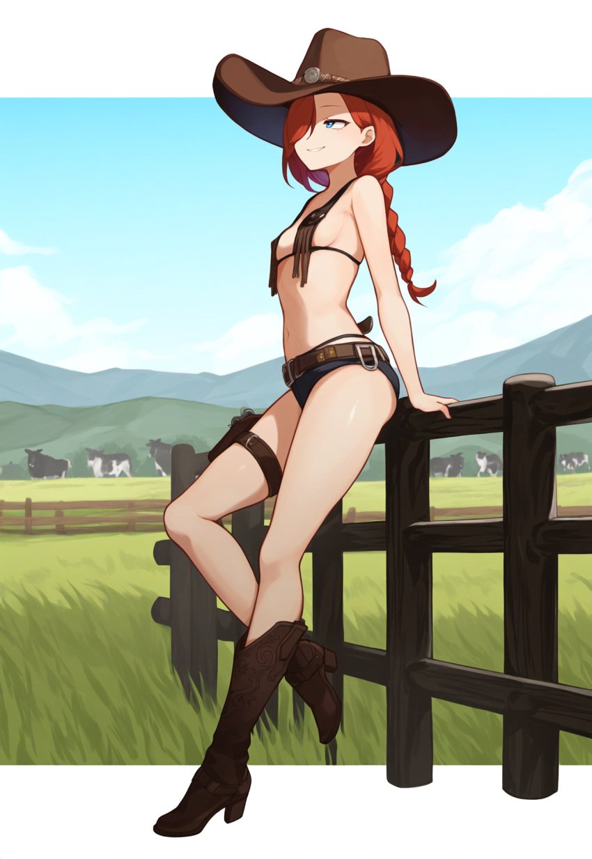 1girls ai_generated ass bare_arms bare_back bare_legs bare_shoulders boots braid braided_hair breasts cleavage clothed clothing cow_girl cowboy_hat cows farm farmgirl female fence full_body gun heel_boots heels legs long_hair looking_at_viewer looking_back nipple_bulge nipples nipples_covered nipples_visible_through_clothing original original_character red_hair revolver shiny_skin sideboob skinny small_breasts smile smiling thighs western wild_west yeyehuh