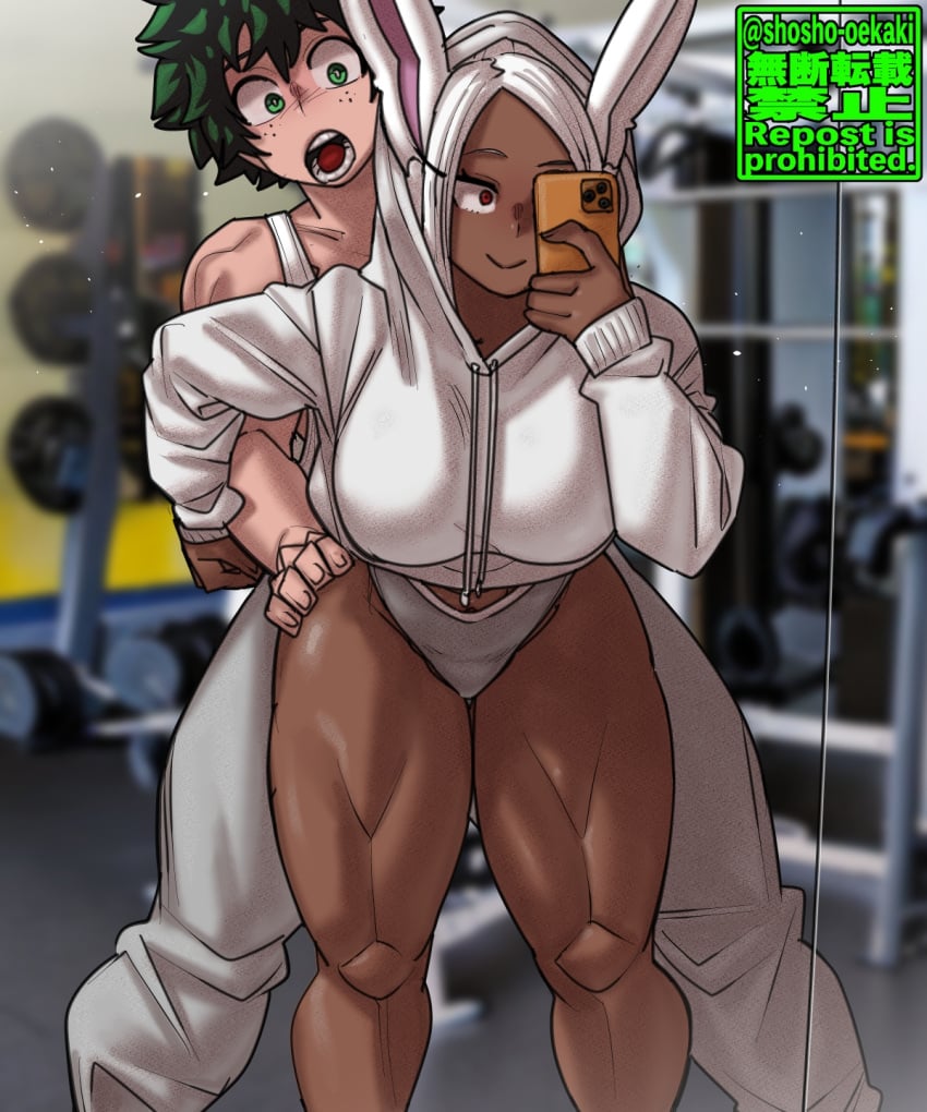 1boy 1boy1girl 1girls age_difference bunny_ears dark-skinned_female embarrassed female freckles green_eyes green_hair gym hand_on_thigh hands_on_hips holding_phone izuku_midoriya light-skinned_male male male_behind_female miruko muscular_female my_hero_academia open_mouth phone phone_camera rabbit_ears red_eyes rumi_usagiyama selfie shosho_oekaki shueisha smiling smug_face sweatshirt thick_thighs