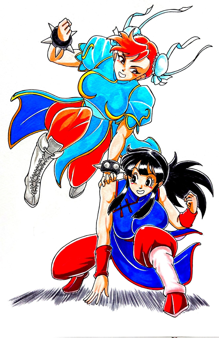 2girls area5169458561 capcom chichi chun-li dragon_ball dragon_ball_z female fully_clothed huge_breasts street_fighter traditional_media_(artwork)