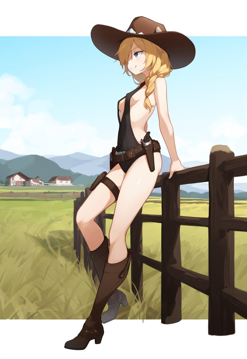 1girls ai_generated ass bare_arms bare_back bare_legs bare_shoulders blonde_hair boots braid braided_hair breasts clothed clothing cow_girl cowboy_hat farm farmgirl female fence full_body gun heel_boots heels legs long_hair looking_at_viewer looking_back nipple_bulge nipples nipples_visible_through_clothing original original_character revolver saloon shiny_skin sideboob skinny small_breasts smile smiling thighs western wild_west yeyehuh