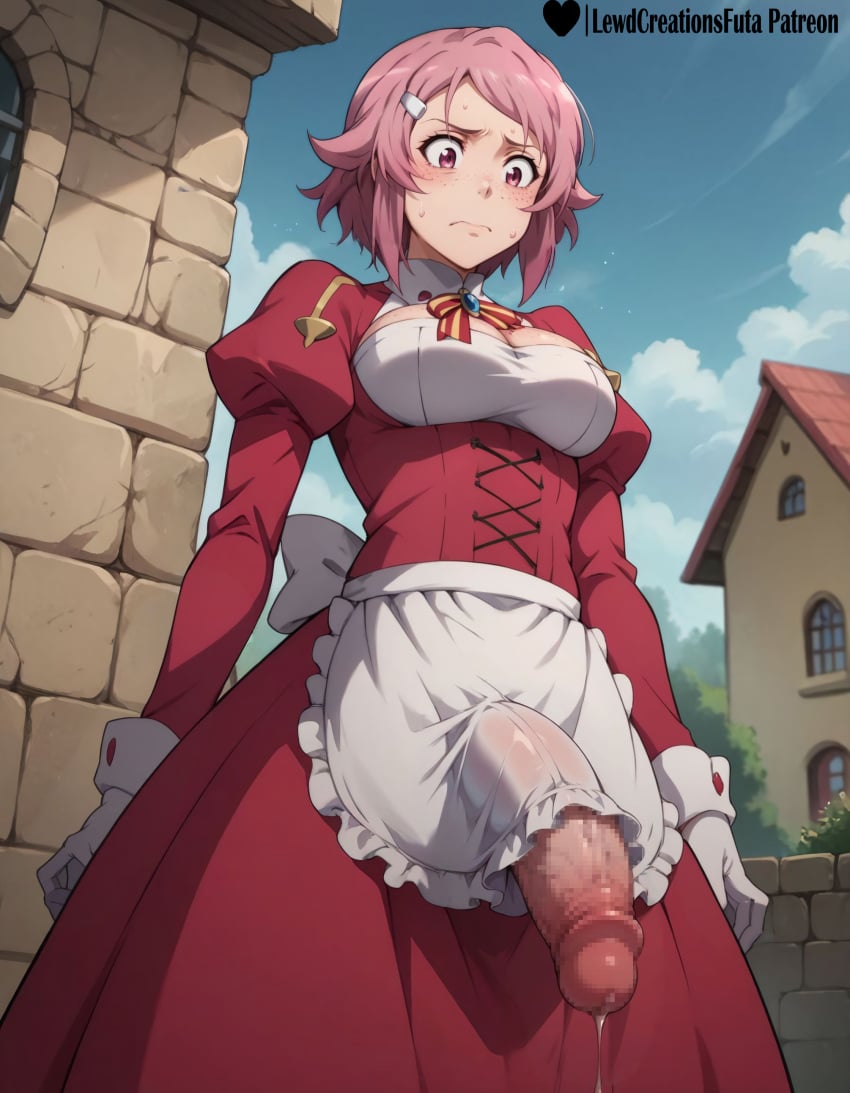 1futa absurd_res ai_generated breasts cock dick dickgirl dress embarrassed flaccid flaccid_penis flushed flushed_face freckles freckles_on_breasts futanari gloves hairpin high_resolution highres huge_cock lewdcreationsfuta lisbeth looking_at_viewer outdoors peeking_penis penis penis_out penis_peek penis_through_clothing pink_eyes pink_hair precum precum_drip precum_on_penis precum_string sexually_suggestive shemale shinozaki_rika short_hair solo solo_focus sweat sweating sword_art_online tagme veiny_penis worried