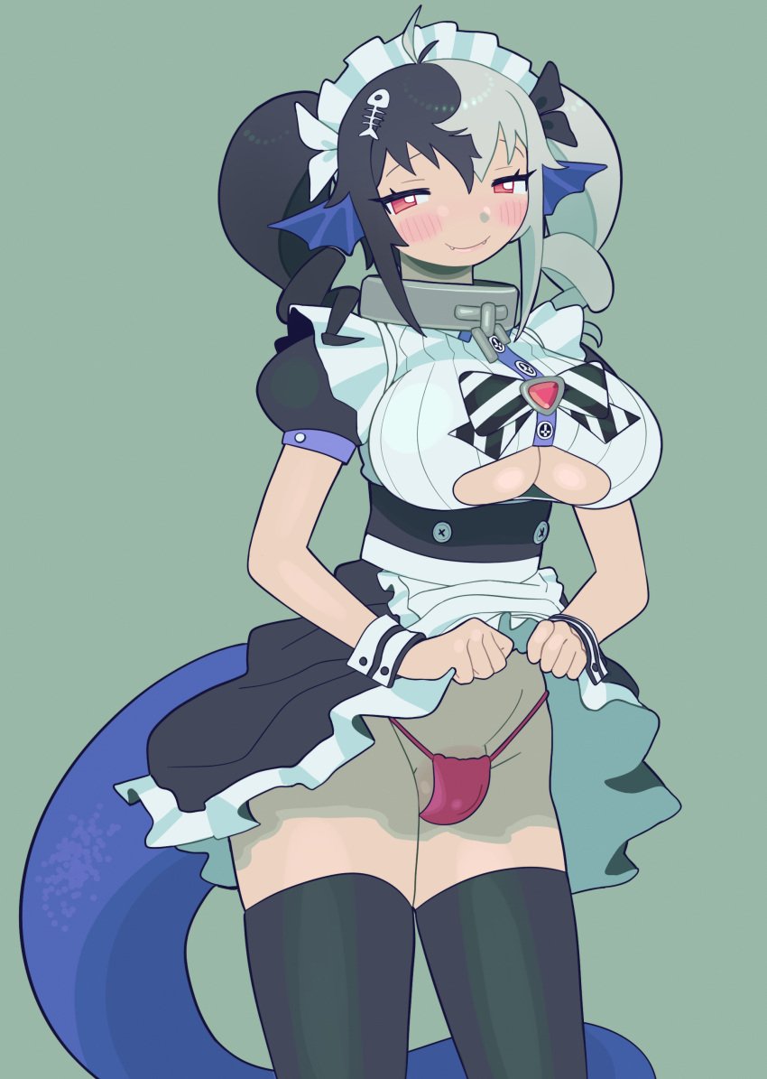 1futa big_breasts black_hair black_legwear black_thigh_highs black_thighhighs blue_scales blue_tail blush blush_lines blushing_at_viewer boob_window breasts bulge chained_collar cleavage cleavage_cutout clothed clothing color colored commission commission_art commissioner_upload cuffs cuffs_(clothing) eyes_open fangs flashing futa_only futanari galsteaks grey_background hair hair_between_eyes hair_ornament humanoid indie_virtual_youtuber large_boobs large_breasts lifting_dress lifting_skirt light-skinned_futanari light_skin long_hair looking_at_viewer maid maid_apron maid_cap maid_dress maid_headdress maid_outfit maid_uniform mermaid mermaid_ears mermaid_tail metal_collar monster_girl mostly_clothed multicolored_hair murmaider panties pelvic_line penis penis_in_panties pink_thong pink_underwear plain_background red_eyes showing_bulge showing_underwear simple_background skirt_lift smile smiling smiling_at_viewer solo split-color_hair standing tail thick_thighs thigh_highs thighhighs thighs thong thong_panties twin_drills twitch twitch.tv underwear virtual_youtuber vtuber vtuberfanart white_hair wrist_cuffs