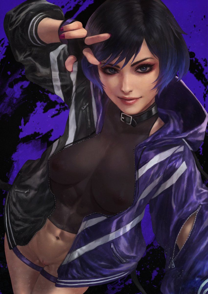 abs areolae athletic_female big_breasts erect_nipples female female_only monorirogue nipple_bulge peace_sign pussy reina_mishima see-through see-through_clothing selfie skindentation smile tekken tekken_8 thick_thighs v