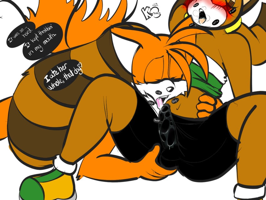 anthro cub dialogue erection erection_under_clothes fully_clothed furry futanari kitsu_(artist) licking_penis male marine_the_raccoon oral penis sega shirt shorts sonic_(series) tails_the_fox