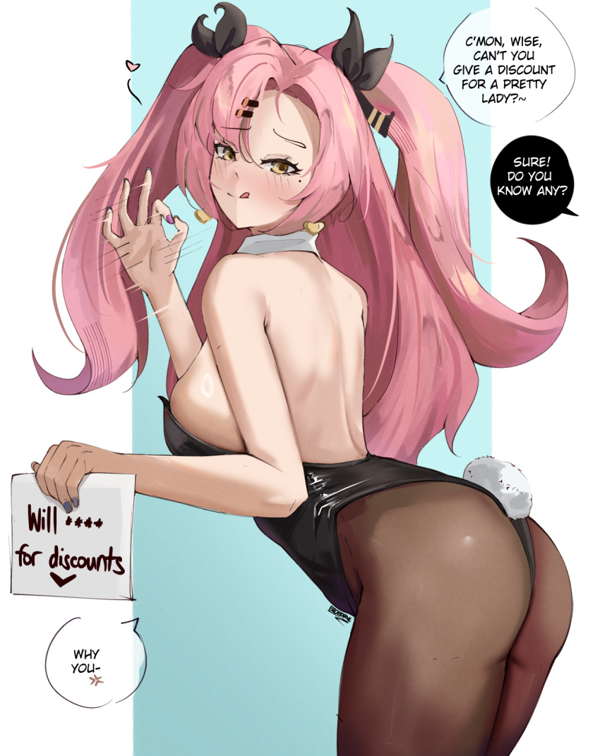 1girls 2024 :q artist_signature asking_for_it ass ass_focus bare_back bare_shoulders blowjob_gesture breasts bunny_ears bunny_girl bunnysuit eroborne fake_animal_ears fellatio_gesture hi_res licking_lips light-skinned_female light_skin long_hair looking_at_viewer nicole_demara pink_hair prostitution sideboob simple_background smile solo standing suggestive_gesture text twintails zenless_zone_zero