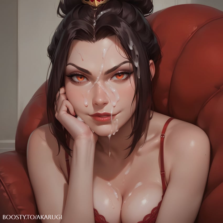 ai_generated akarugi avatar_the_last_airbender azula black_hair cum cum_on_face female female_focus female_only lingerie looking_at_viewer orange_eyes red_bra seductive seductive_look solo solo_female solo_focus