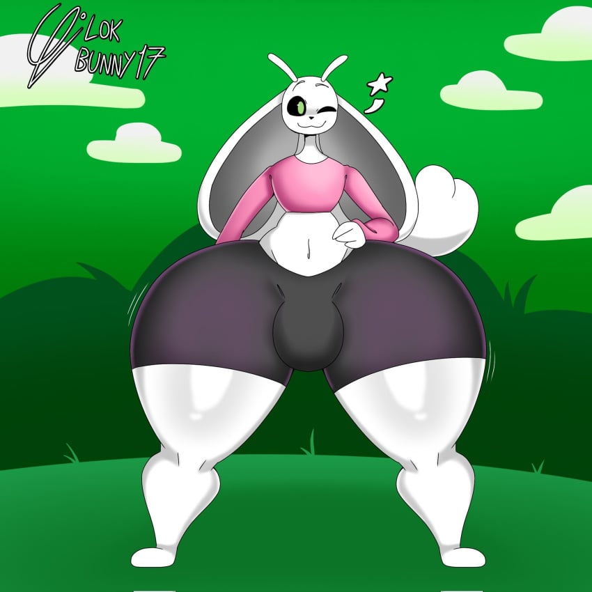 2024 anthro artist_name big_bulge black_bottomwear black_clothing black_nose black_sclera black_shorts bottomwear bulge clothing cloud colored cropped_sweater digital_media_(artwork) eyebrows femboy garina_(reathe) grass green_background green_eyes green_sky grey_inner_ear guardian_spirit hand_on_hip hand_on_own_hip heart_tail hi_res huge_bulge huge_thighs lokbunny17 long_ears male motion_lines navel one_eye_closed ori_(series) outside pink_clothing pink_cropped_sweater pink_topwear plant shaded shorts simple_background sky smile solo tail thick_thighs tight_clothing topwear white_body white_ears white_eyebrows white_tail wink