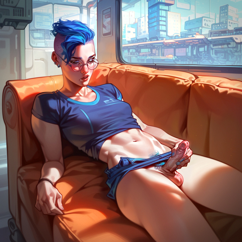 1futa abs ai_generated balls blue_hair bottomless cock futanari glasses masturbation short_hair solo stupidhornyai