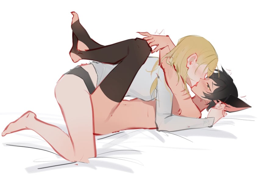 2girls adora animal_ears bed black_hair blonde_hair canon_couple cat_ears cat_girl catra couple dildo female highres hug kissing laying_on_back laying_on_bed leg_lock lying masters_of_the_universe multiple_girls on_back on_bed romantic sex sex_toy she-ra_and_the_princesses_of_power simple_background stirrup_legwear strap-on striped_skin youliqy yuri