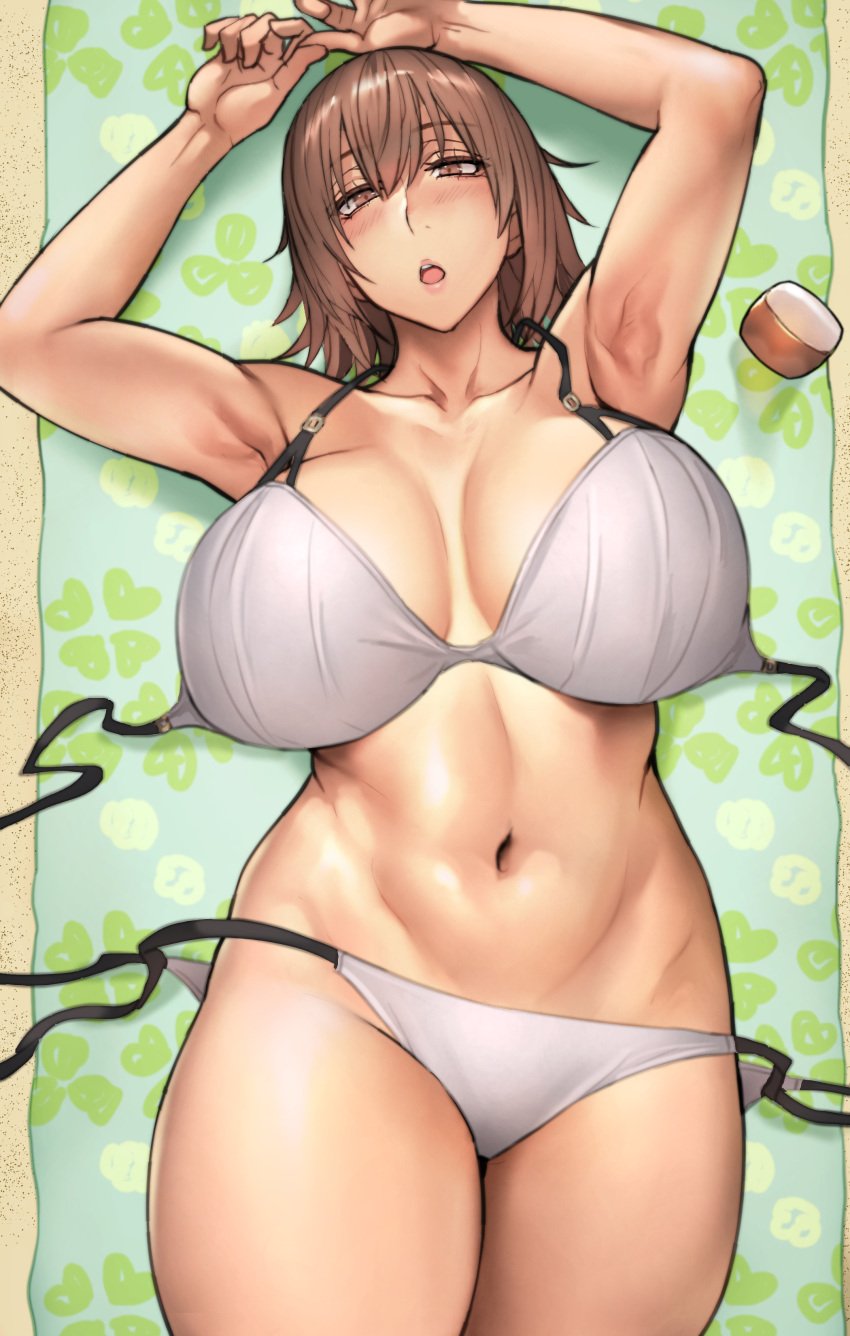 1girls absurdres beach bikini blush breasts brown_eyes brown_hair day female female_only highres huge_breasts large_breasts lips lying mat mature_female navel niece_(pepe_(jonasan)) original pepe_(jonasan) pubic_hair public_indecency sand short_hair solo sunlight swimsuit thighs