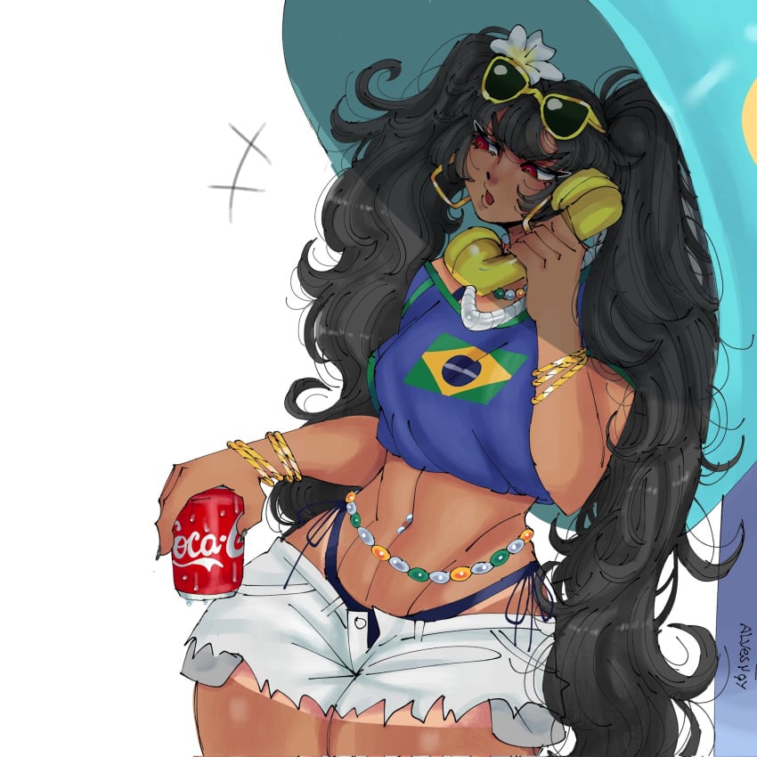 alvesnqy belly_piercing bikini black_hair booty_shorts brazil brazilian brazilian_female brazilian_miku coca-cola dark-skinned_female dark_skin earrings flower_in_hair hatsune_miku hoop_earrings hoop_earrings_oversized jewelry latin_american_hatsune_miku_(meme) payphone phone red_eyes sunglasses sunglasses_on_head talking tan_skin tanline vocaloid waist_beads