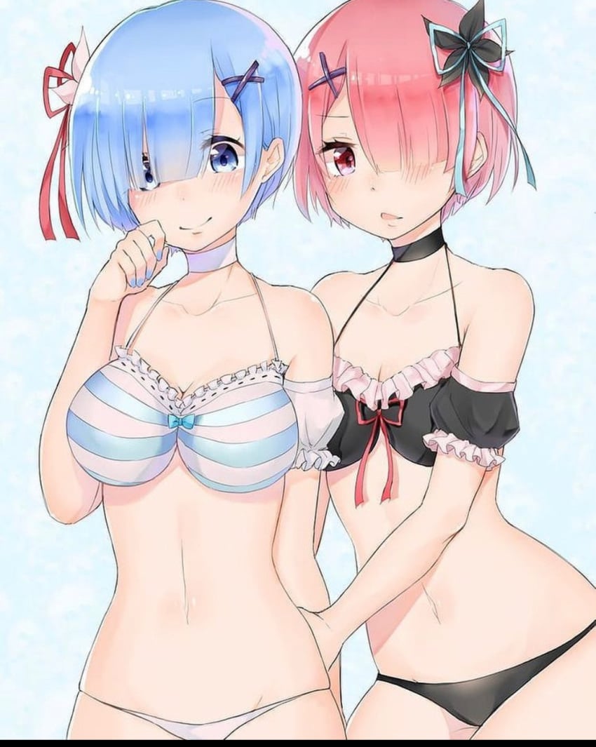 bikini blue_eyes blue_hair pink_eyes pink_hair ram_(re:zero) re:zero_kara_hajimeru_isekai_seikatsu rem_(re:zero) twins