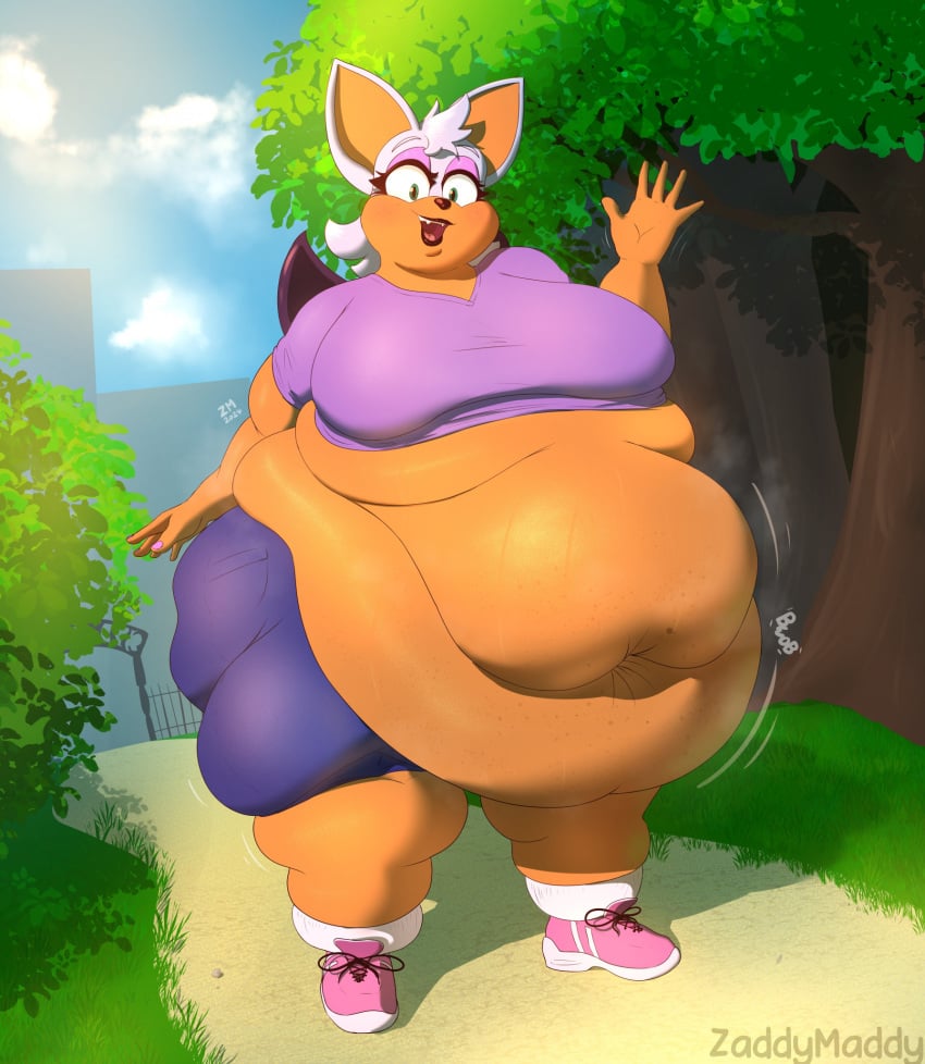 1girls anthro bat bat_humanoid bat_wings belly belly_overhang big_belly breasts fat female female_focus female_only freckles freckles_on_belly furry green_eyes hips large_belly large_breasts morbidly_obese morbidly_obese_anthro morbidly_obese_female overweight overweight_female painted_nails purple_shorts rouge_the_bat sega shorts small_clothes small_shirt socks sonic_(series) sonic_the_hedgehog_(series) stomach thick_thighs thighs tree waving weight_gain white_hair wide_hips zaddymaddy