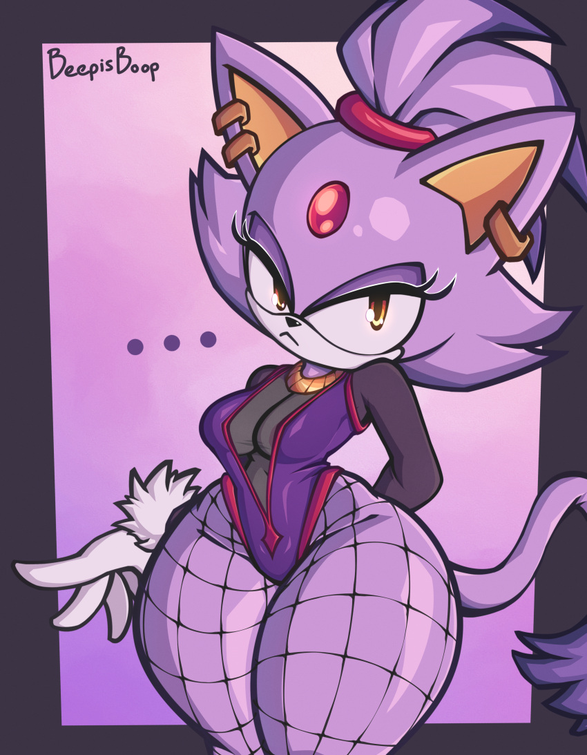 ... 1girls anthro areolae beepisboop big_hips big_thighs blaze_the_cat bottom_heavy cat_ears cat_humanoid cat_tail ear_piercing fishnets furry furry_female gem_on_forehead gloves hair_tied hips huge_ass leotard looking_at_viewer necklace orange_eyes purple_body purple_fur see-through_clothing see-through_shirt see-through_top see_through sega sonic_(series) sonic_the_hedgehog_(series) tied_hair white_fur