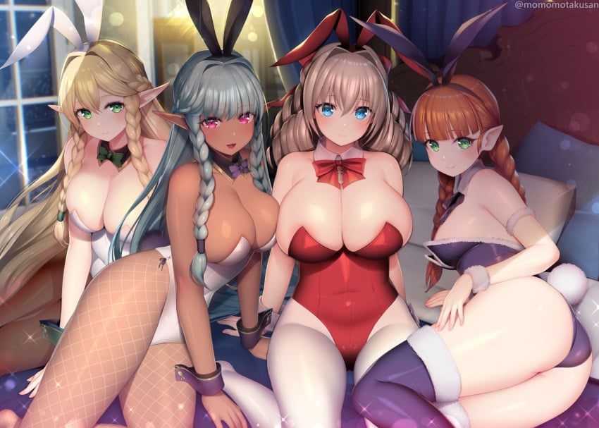 4girls animal_ears blonde_hair blunt_bangs bowtie braid breasts brown_hair bunnysuit cleavage dark-skinned_female detached_collar drill_hair elf eltolinde_(unicorn_overlord) fake_animal_ears fake_tail female fishnet_pantyhose fishnets grey_hair highres huge_breasts kashiwamochi_yomogi large_breasts leotard multiple_girls pantyhose playboy_bunny pointy_ears rabbit_ears rabbit_tail rosalinde_(unicorn_overlord) scarlett_(unicorn_overlord) strapless strapless_leotard tail thighhighs twin_braids twin_drills unicorn_overlord white_pantyhose wrist_cuffs yunifi_(unicorn_overlord)