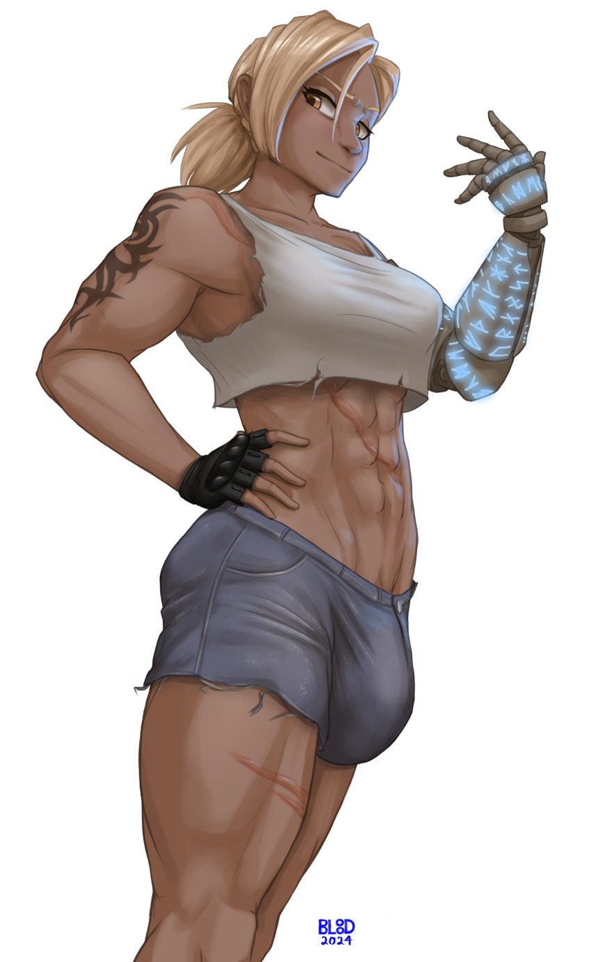 1futa abs blonde_hair bluebl8d bulge clothed clothing crop_top fully_clothed futa_only futanari jean_shorts muscular muscular_futanari penis_under_clothes solo standing