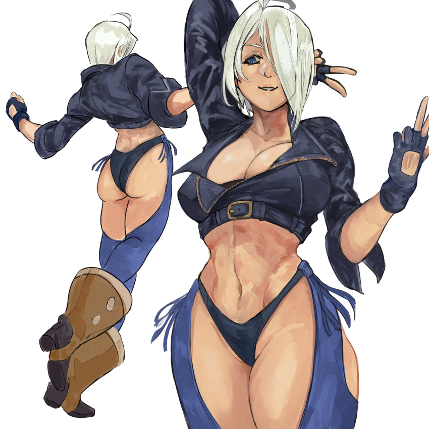 1girls angel_(kof) artist_request big_ass big_breasts big_butt black_jacket black_thong blue_eyes boots cleavage clothed female from_behind gloves hand_gesture hand_on_head jacket king_of_fighters leather leather_boots light-skinned_female light_skin one_eye_covered short_hair thick thick_thighs thighs thighs_together thong white_hair