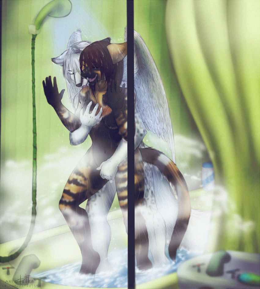 anthro breast_grab breasts canine dafka duo feathered_wings feathers featureless_breasts feline female fingering fondling furry hand_on_breast hybrid inside male mammal nude open_mouth shower smile standing straight vaginal_penetration wet wings