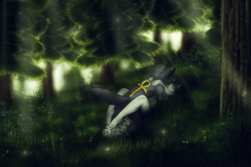 anthro canine dafka duo female forest jackal lying male mammal missionary_position nude on_back outside penetration sex smile straight tree vaginal_penetration