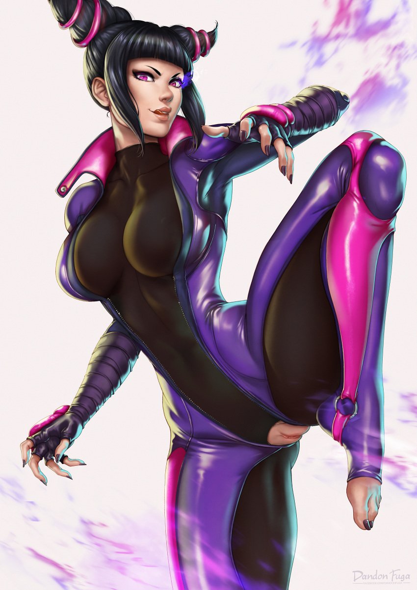 absurdres bangs black_hair bodysuit breasts capcom clitoris crotch_cutout curvy dandon_fuga drill_hair exposed_pussy feet female female_only fighting_stance fingerless_gloves gloves glowing_eye hairless_pussy highres human juri_han large_breasts licking_lips lipstick long_hair looking_at_viewer nail_polish pink_eyes purple_nails pussy pussy_outside sidelocks signature solo spread_legs street_fighter street_fighter_v thick_thighs tight_clothes toeless_legwear toenail_polish toes toned tongue tongue_out twin_drills unzipped