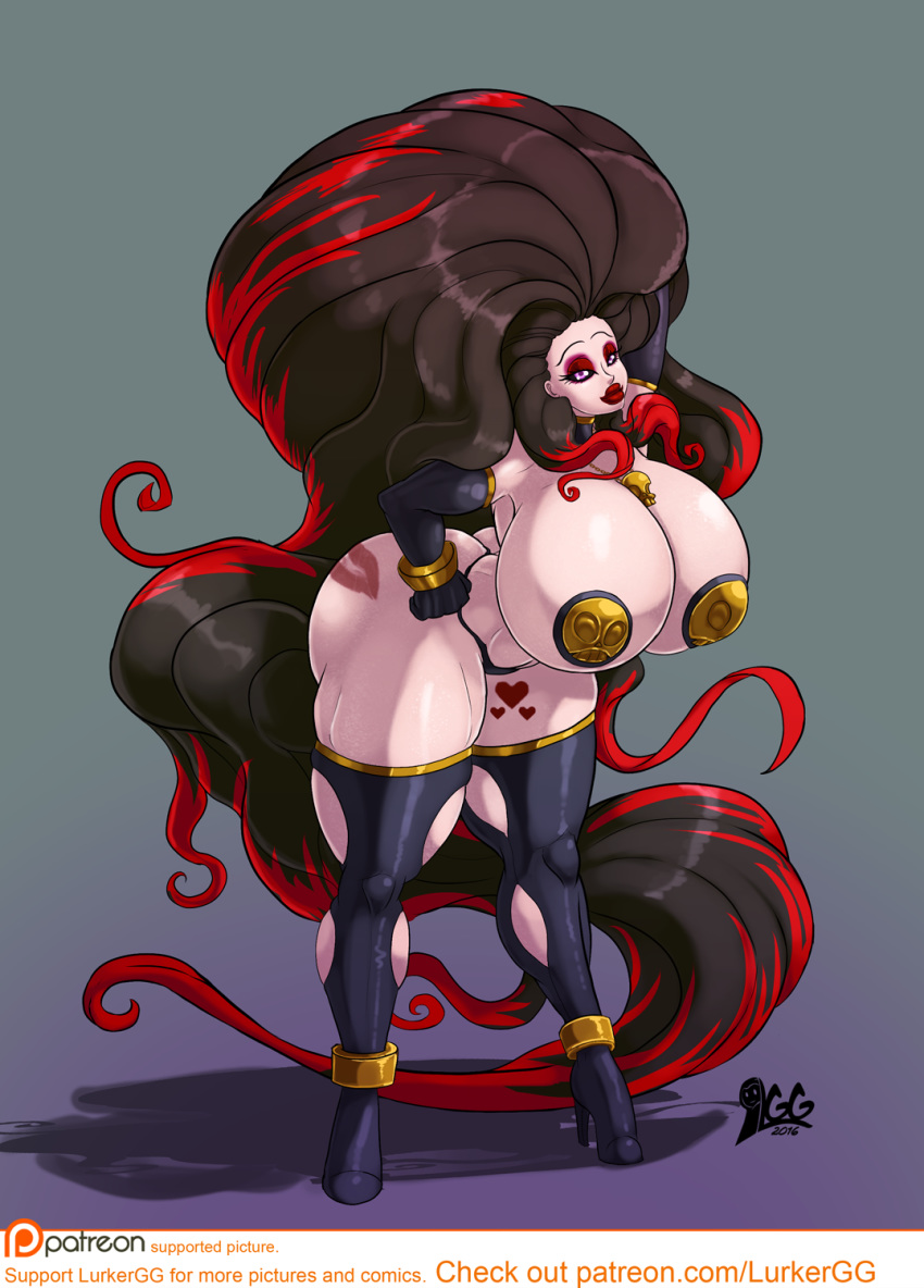 1girls bimbo breasts busty cleavage eyeshadow female goth heart high_heels huge_breasts kiss_mark lipstick long_hair lurkergg makeup milf milf-shake original_character pasties solo stockings tattoo thick_thighs thong two-tone_hair very_long_hair voluptuous wide_hips