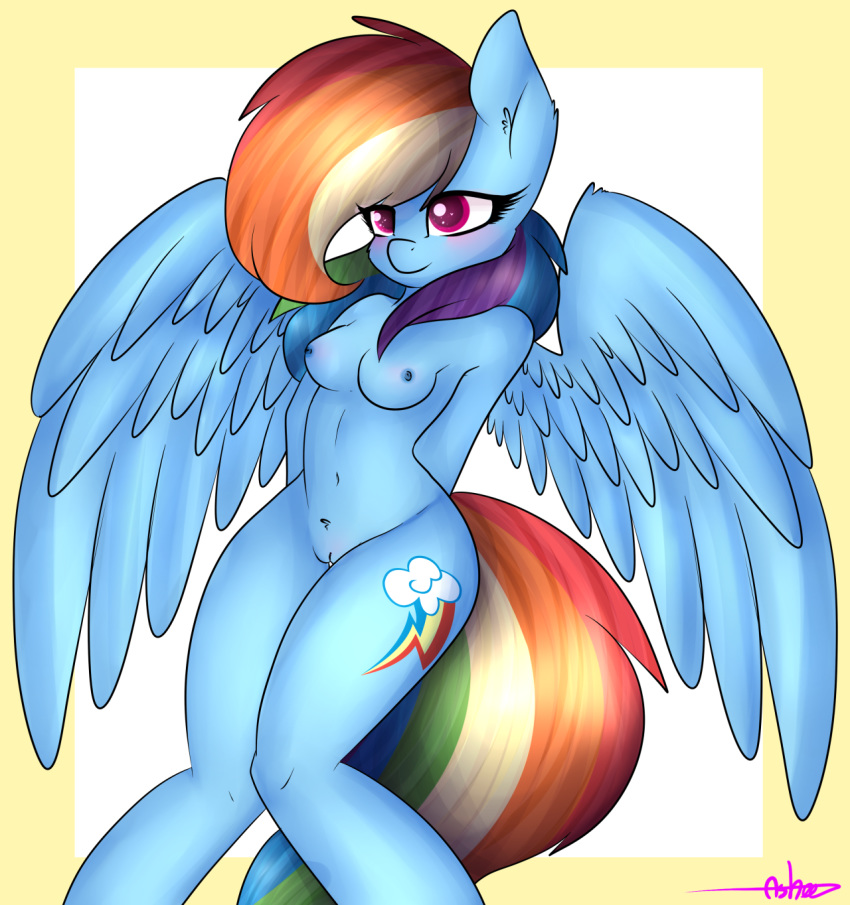 2016 anthro ashee_cakes blue_feathers blue_skin breasts equine feathered_wings feathers female friendship_is_magic hair mammal multicolored_hair multicolored_tail my_little_pony pegasus pussy rainbow_dash_(mlp) rainbow_hair rainbow_tail smile solo spread_wings wings