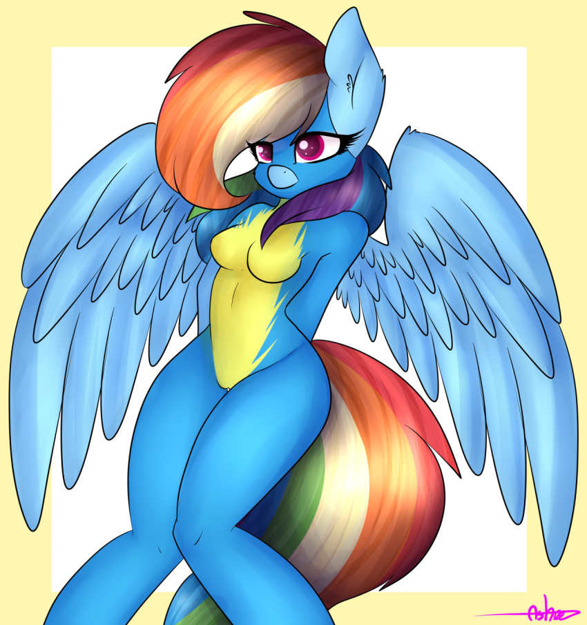 2016 anthro ashee_cakes blue_feathers blue_skin breasts equine feathered_wings feathers female friendship_is_magic hair mammal multicolored_hair multicolored_tail my_little_pony pegasus pussy rainbow_dash_(mlp) rainbow_hair rainbow_tail smile solo spread_wings wings