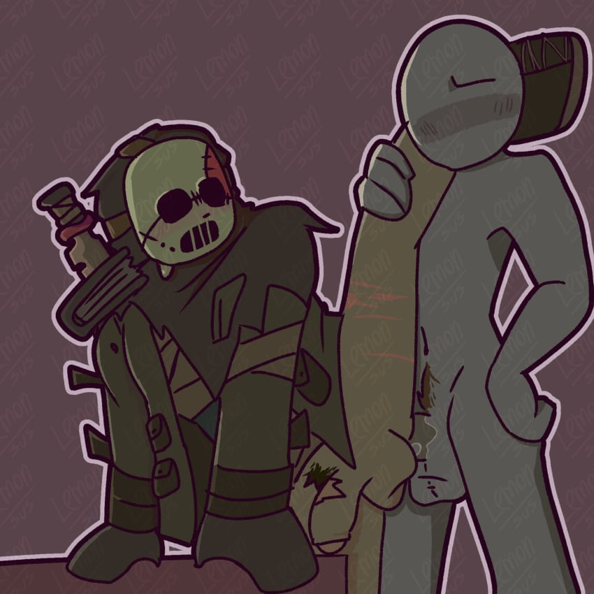 2boys anal anal_sex anon balls blush bottomless duo facewear forsaken_(roblox) gay grey_body grey_skin leg_lift leg_over_shoulder leg_up lemon_dont_draw male male_only mask penis pubic_hair roblox roblox_game robloxian slasher_(forsaken) tagme watermark
