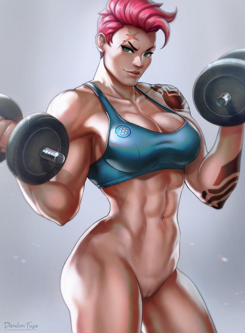 2d abs absurdres barbell blizzard_entertainment bottomless breasts cleavage cowboy_shot dandon_fuga facial_scar female female_only green_eyes highres human large_breasts looking_at_viewer muscles muscular muscular_female navel overwatch pink_hair pussy scar short_hair solo sports_bikini tanlines tanned tattoo toned vagina zarya