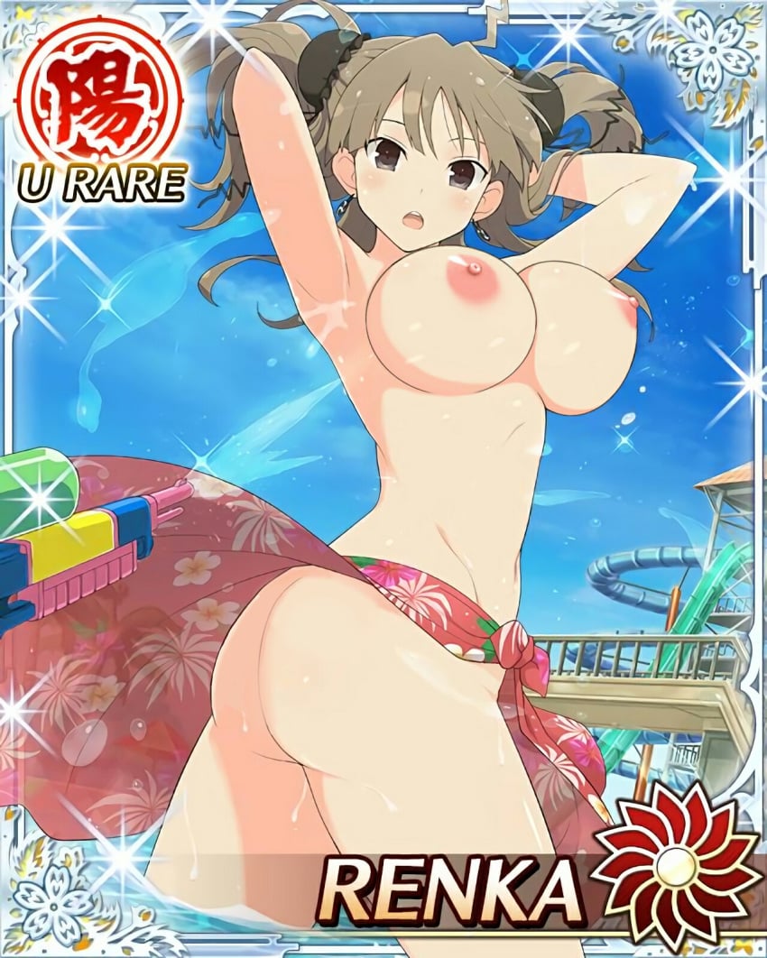 areolae ass breasts female large_breasts open_mouth photoshop renka_(senran_kagura) senran_kagura senran_kagura_new_wave skirt_only solo water water_gun yaegashi_nan