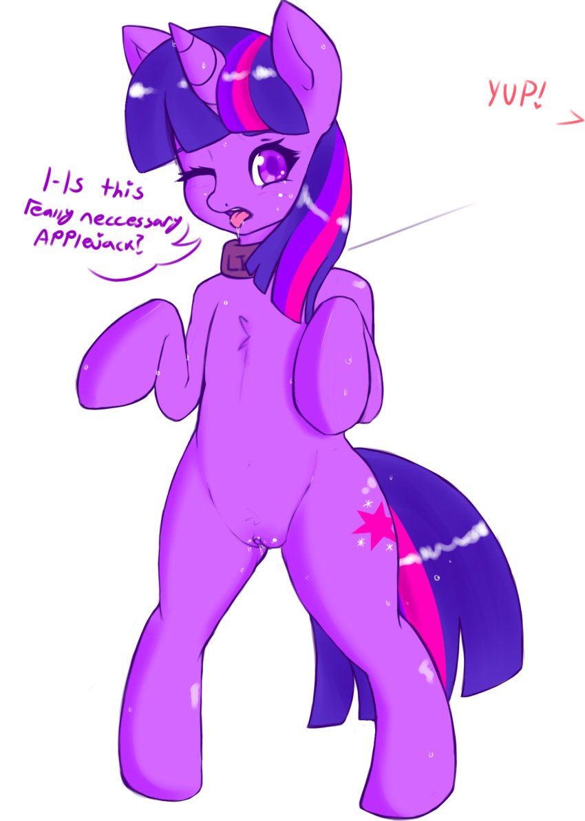 collar cutie_mark english_text equine female feral friendship_is_magic hi_res horn horse mammal my_little_pony pony purple_eyes pussy shweeka solo sweat text twilight_sparkle_(mlp) unicorn