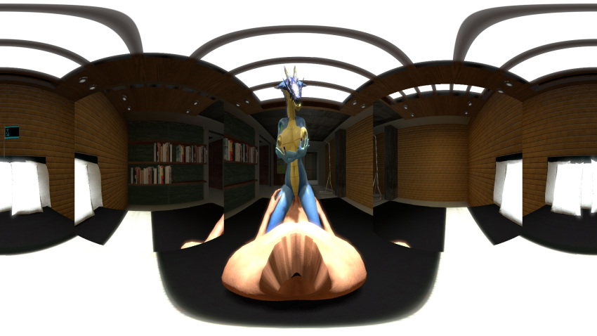 360_image 360_panorama 3d anthro bed capcom cowgirl_position female highres human lagiacrus light-skinned_male light_skin looking_at_viewer mammal monster_hunter on_top penis pillow pov pussy sex shelf transfatasshat