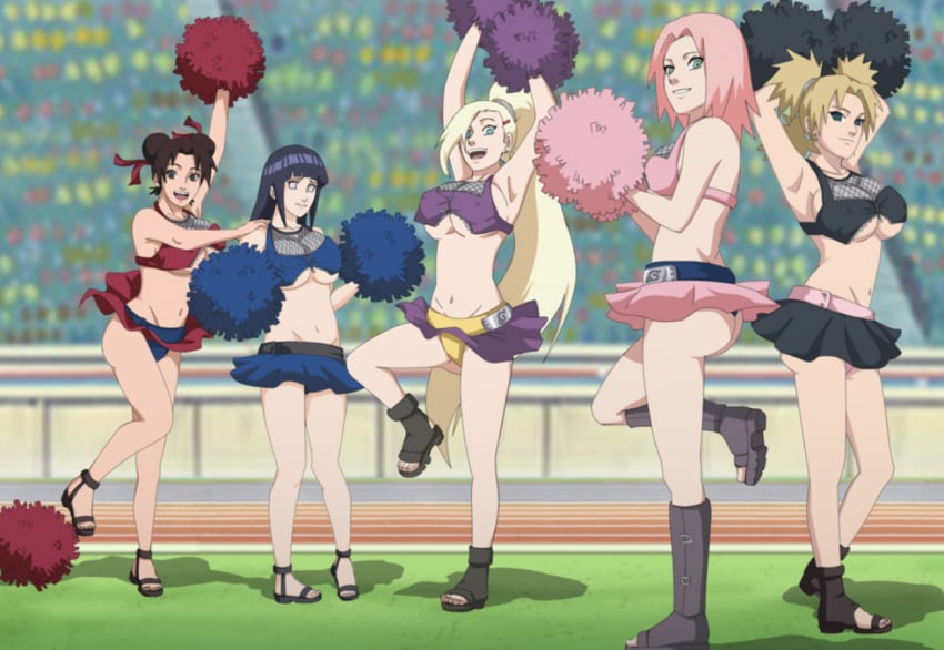 5girls ass black_hair black_skirt blonde_hair blue_eyes blue_skirt breasts brown_hair cheerleader double_bun female female_only green_eyes hyuuga_hinata ino_yamanaka legwear multiple_girls naruto naruto_shippuden offscreen_character pink_hair pink_skirt pom_poms princesssarisa sakura_haruno schoolgirls skirt temari tenten underboob