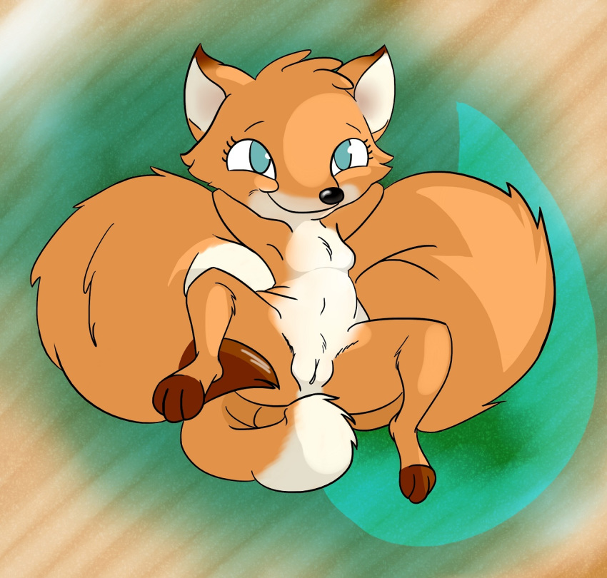 2014 anthro armpits blue_eyes breasts canine cute featureless_breasts female fluffy fluffy_tail fox foxy foxy_asso fur happy hi_res kitsona kitsonafox lying mammal mascot navel nude on_back pussy smile solo text wide_hips