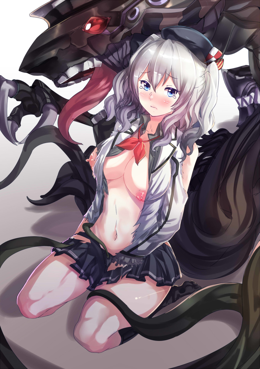 absurdres ambiguous_penetration blue_eyes blush breasts claws cleavage covered_penetration crying female hat highres implied_penetration implied_sex julioalqae kantai_collection kashima_(kantai_collection) kneehighs large_breasts long_tongue looking_at_viewer navel nipples sex_under_clothes sex_under_skirt silver_hair sitting skirt solo tearing_up tentacle tentacle_under_skirt tentacles_under_clothes tied_hair tongue torn_clothes torn_skirt twintails wariza