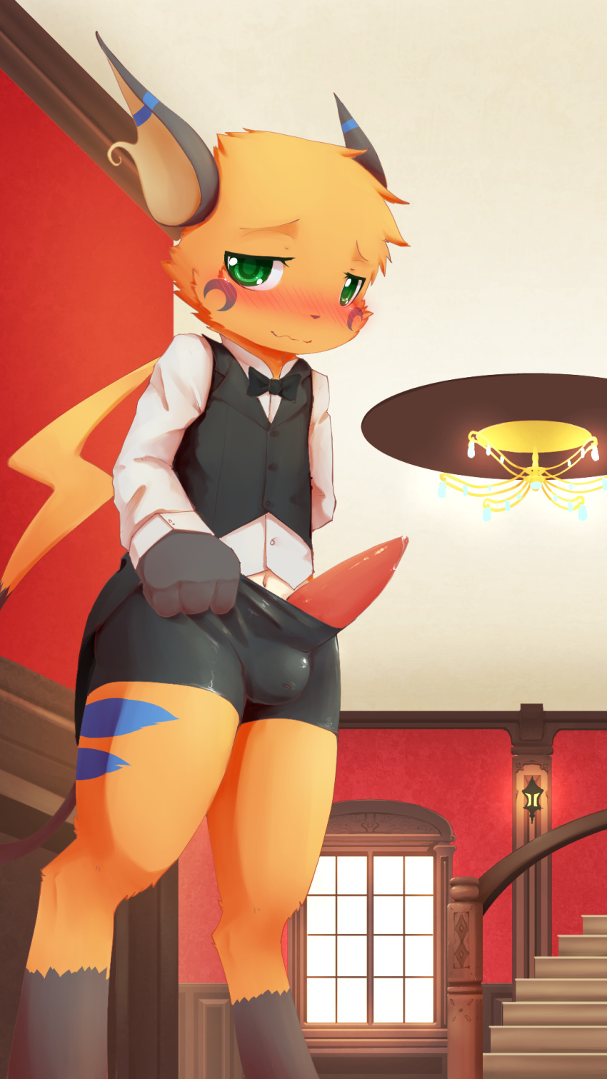 blush bulge clothed clothing dress_shirt erection green_eyes male male_only navel nintendo nobusuke penis pokemon pokemon_(species) precum raichu shirt shorts solo tapering_penis vest video_games young