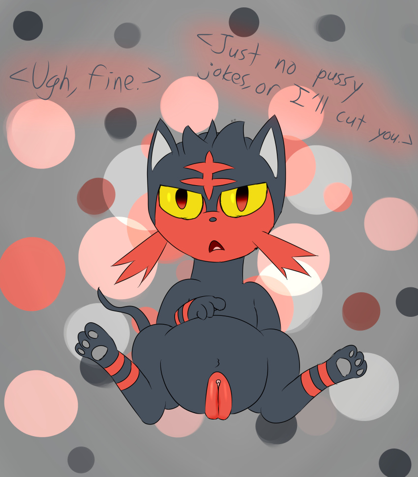 1girls belly bendycindy black_fur clitoris feet feline female grey_background grey_fur half-closed_eyes litten looking_at_viewer nintendo nude on_back open_mouth paws pokémon_(species) pokemon pokemon_sm pussy red_eyes red_fur spread_legs stripes tail text tongue whiskers yellow_sclera