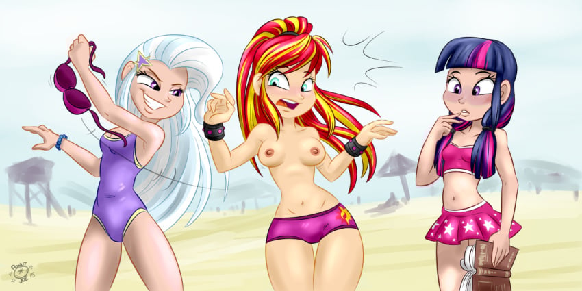 assisted_exposure bikini enf my_little_pony nipples ponut_joe smooth_skin stolen_bikini stolen_swimsuit sunset_shimmer trixie twilight_sparkle