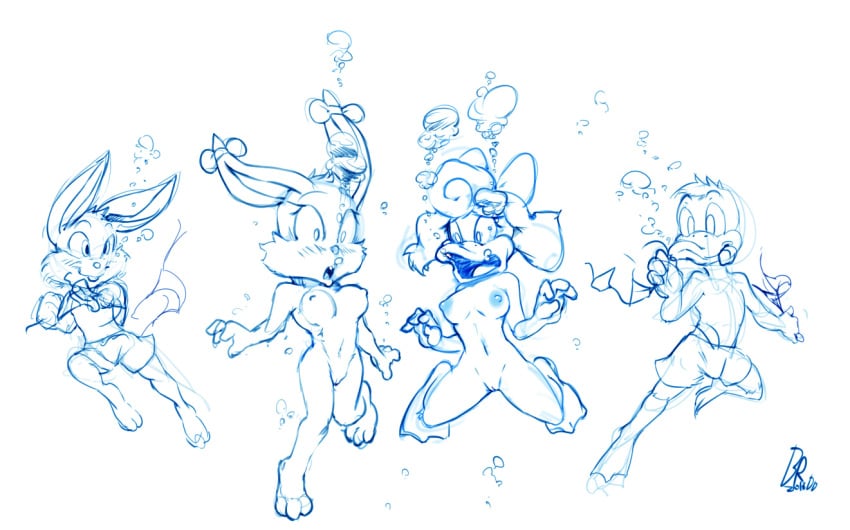 2016 anthro areola avian babs_bunny bikini bird breasts buster_bunny byondrage clothing duck embarrassed female forced_nudity hair_ribbon hairbow lagomorph male mammal nipples nude plucky_duck pussy rabbit ribbons shirley_the_loon simple_background sketch soft_feathers stripped swimming_trunks swimsuit tiny_toon_adventures underwater undressing warner_brothers water