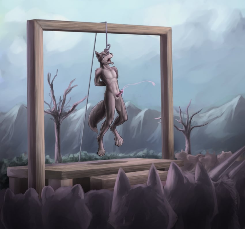 1boy 2016 4_toes anthro arms_behind_back asphyxiation balls bound canine crowd crying cum cumshot dead_tree death detailed_background dipingxiangtr.d erection execution fur furry gallows grey_fur group hands-free hands_tied hanged highres humanoid_penis imminent_death landscape male male_only male_ryona malesub mammal mountain noose nude open_mouth orgasm outdoors penis pink_penis rope sky solo_focus tears toes tree wide_eyed wolf