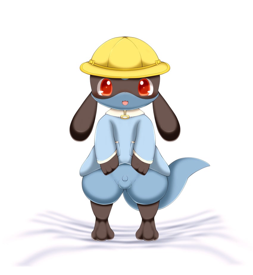 balls bottomless clothed clothing cute flaccid hat nintendo partially_clothed penis pokemon riolu schnecken small_penis smile uncut video_games