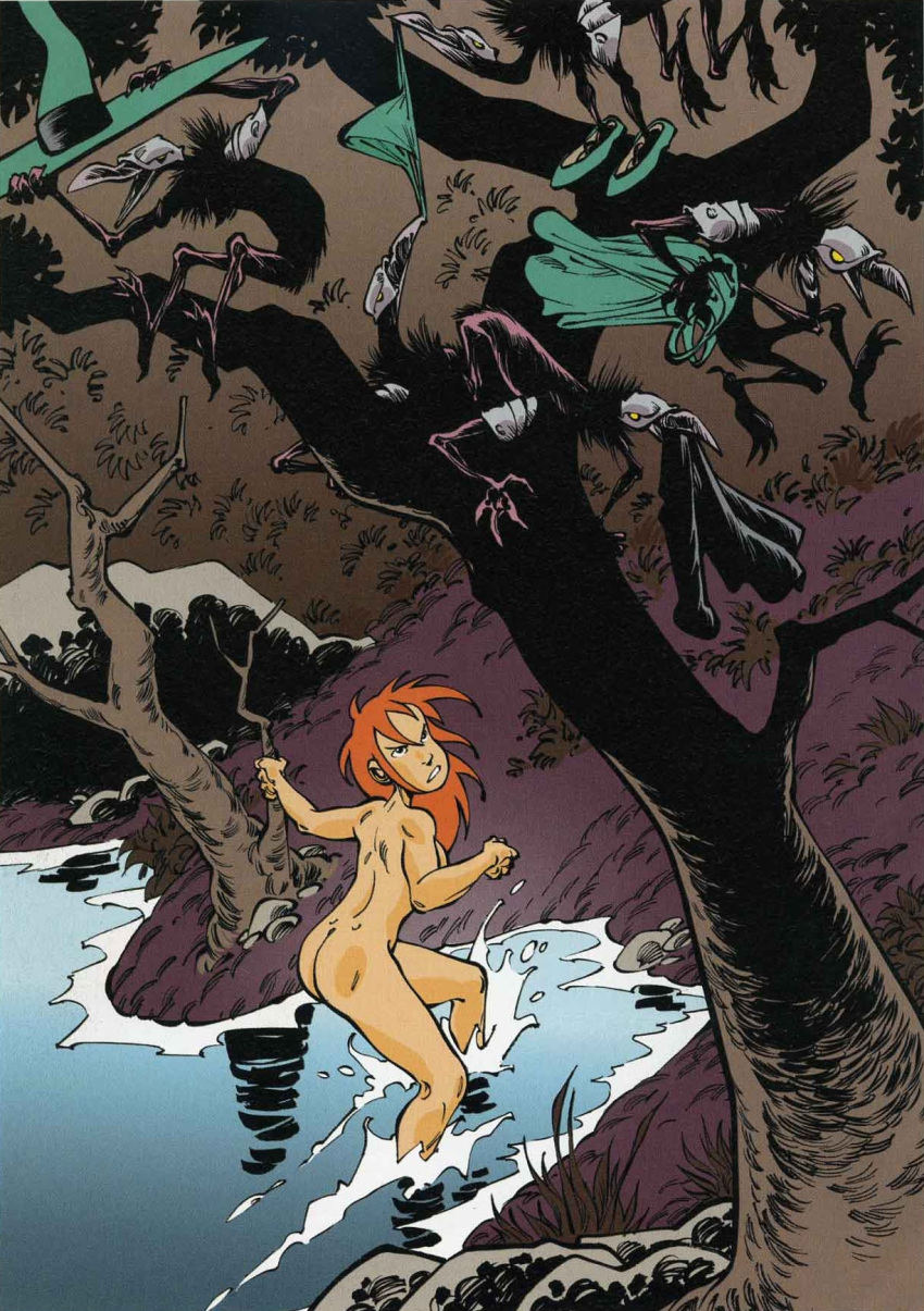 angry ass bathing casual clothes clothes_thief clothing female human melusine_(spirou_magazine) nude orange_hair outdoors pale_skin red_hair sideboob spirou_magazine stolen_clothes thong water witch