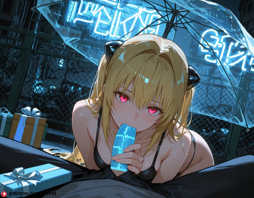 ai_generated blonde_hair blowjob bra embarrass erection fellatio fence gift_box golden_darkness konjiki_no_yami medium_breasts moonlight oral_sex panties penis pink_eyes pov small_breasts to_love-ru transparent_umbrella uncensored