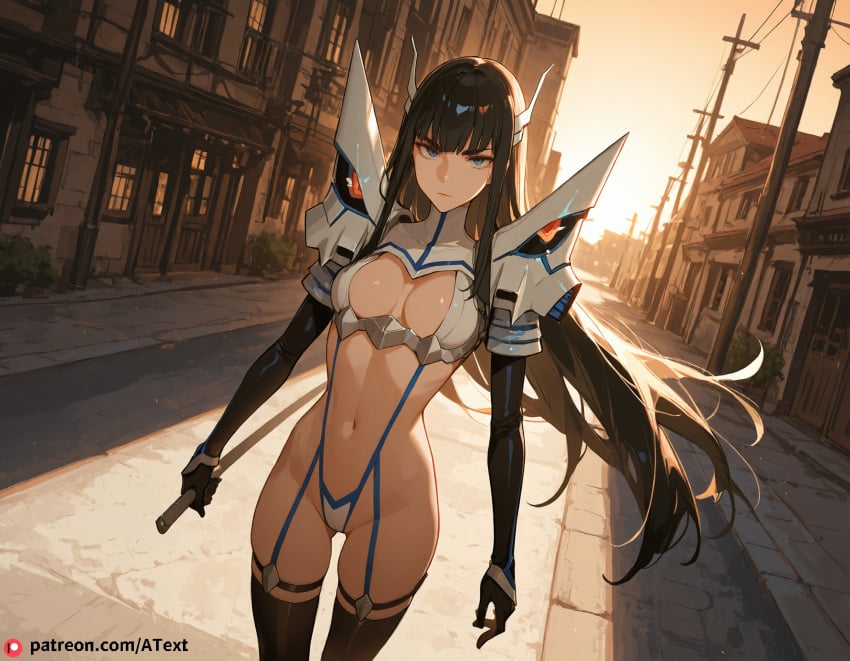 ai_generated beautfiul_background black_hair blunt_bangs cleavage expressionless full_arm_sleeves garter_straps gloves junketsu kiryuuin_satsuki revealing_clothes road small_breasts stunning_backgroud twisted_jack-o-pose very_long_hair