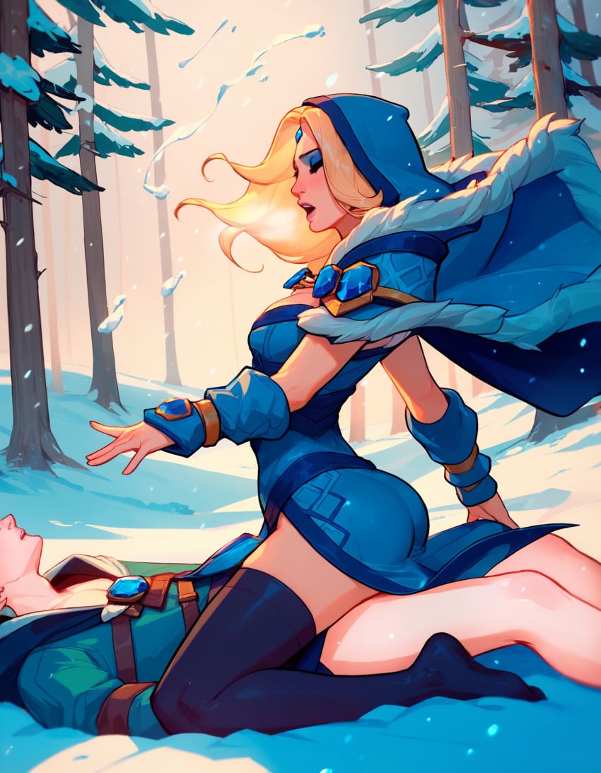 1boy 1girls ai_generated ass blonde_hair bottomless cape clothed clothed_sex cold corpse crystal_maiden dota dota_2 femdom freezing fucked_to_death hood implied_sex long_hair necrophilia orgasm pale-skinned_male pale_skin rape rtxfus rtxfus34 steam winter