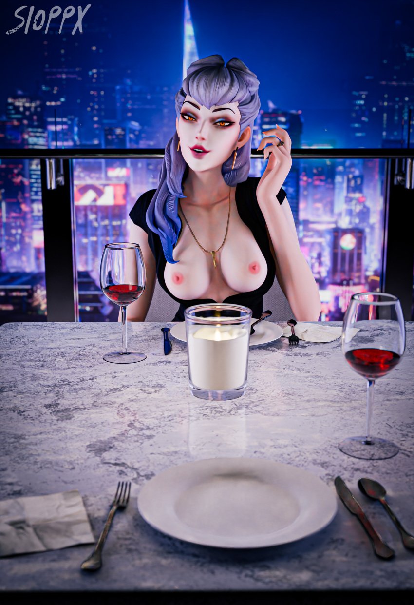 1female 1girls 3d 3d_render blender blender_(artwork) blender_(software) blender_cycles boobs_out breasts breasts_out city_background cityscape clothed clothed_female clothing date dinner dinner_date dinner_table dress evelynn female k/da_evelynn k/da_series league_of_legends league_of_legends:_wild_rift night night_sky pov riot_games showing_breasts showing_off sioppx teasing tits_out