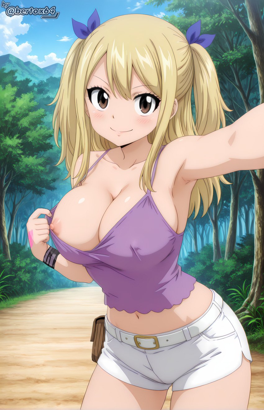 ai_generated bertox64 blonde_hair brown_eyes camisole exposed_breasts exposed_nipples fairy_tail lucy_heartfilia outdoors seductive seductive_smile shorts tight_clothing topless twintails white_shorts