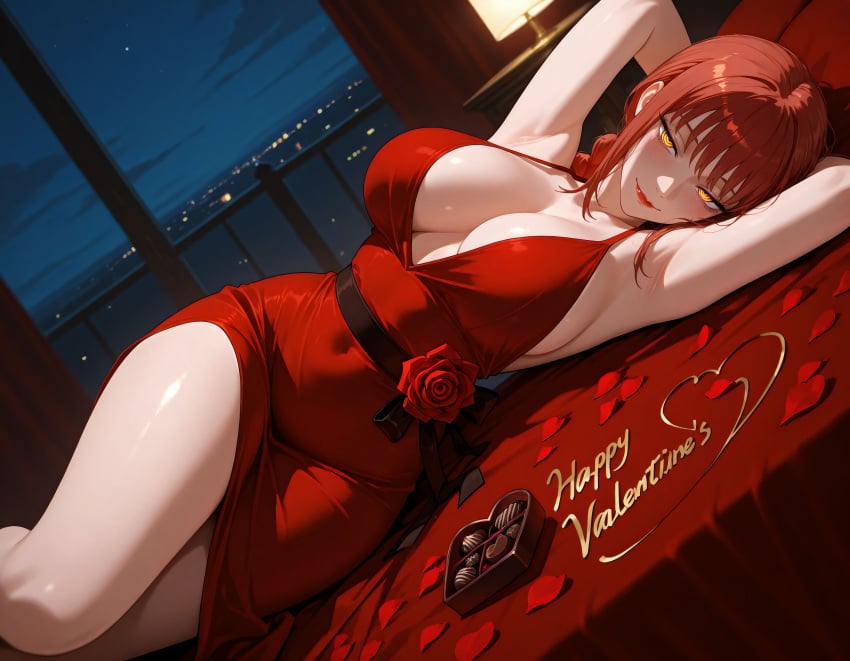 1girls ai_generated chainsaw_man chocolate cleavage large_breasts lips lying makima_(chainsaw_man) on_bed on_side red_dress red_lips seductive seductive_smile smile thick_thighs valentine's_day vertiloart